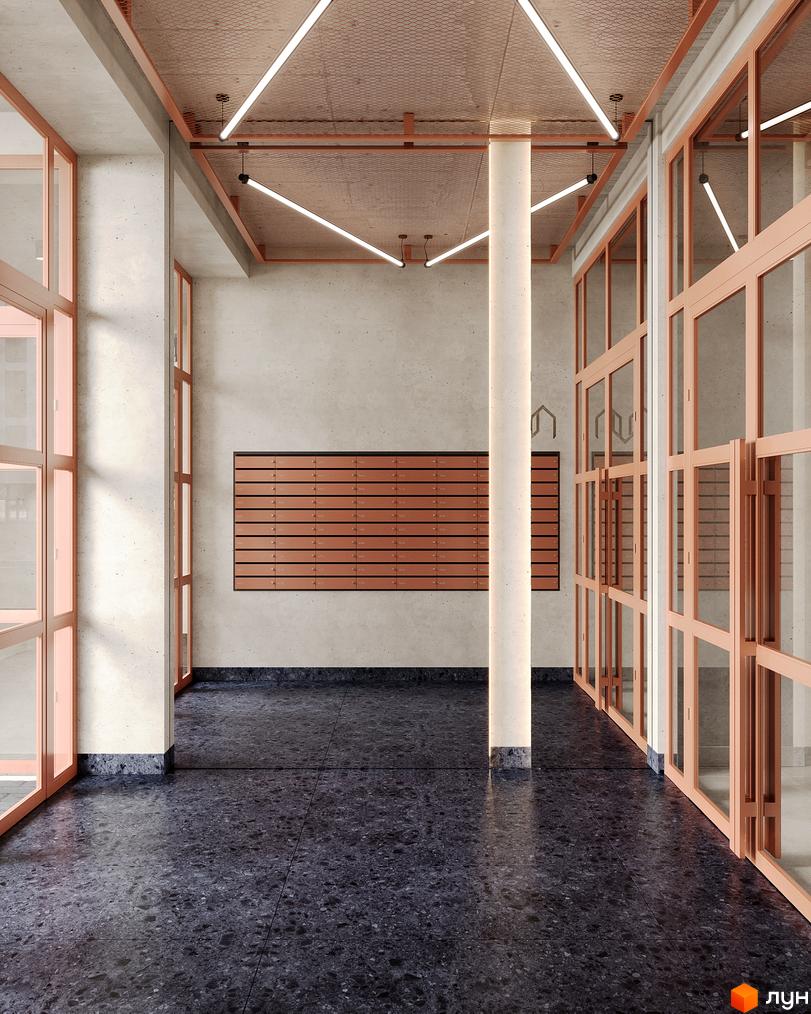 Вестибюль Житлового комплексу AUROOM DISTRICT з поштовими скриньками, лінійними світильниками та темною підлогою.