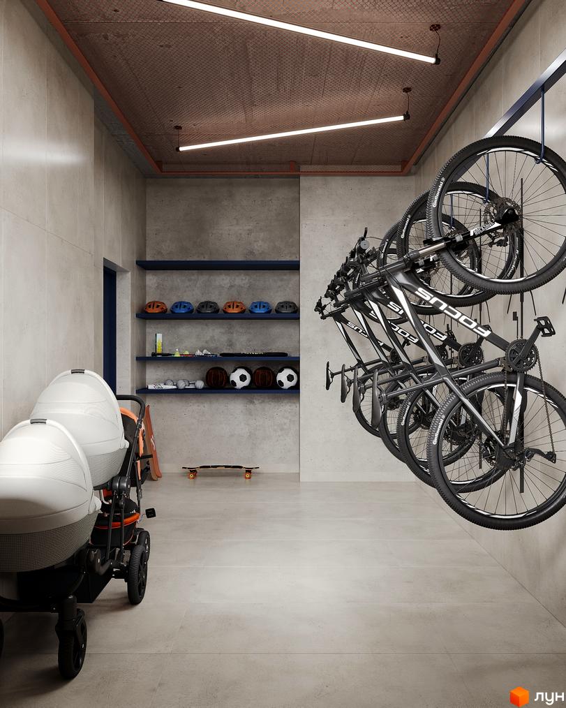 Зона для зберігання велосипедів, спортивного інвентарю та дитячих візків. Комфортне рішення для мешканців Житлового комплексу AUROOM DISTRICT.