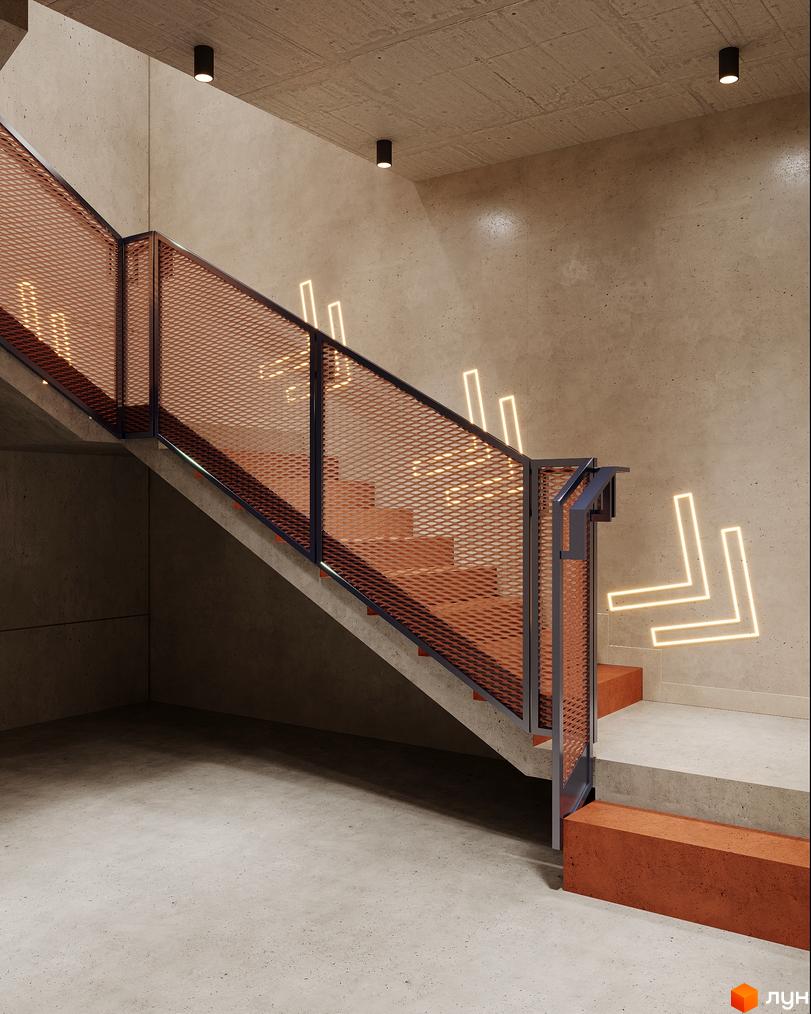 Інтер'єр сходової клітки в ЖК AUROOM DISTRICT з бетонними стінами, металевими поручнями та неоновими вказівниками. Зовнішній вигляд будинку та прибудинкова територія.