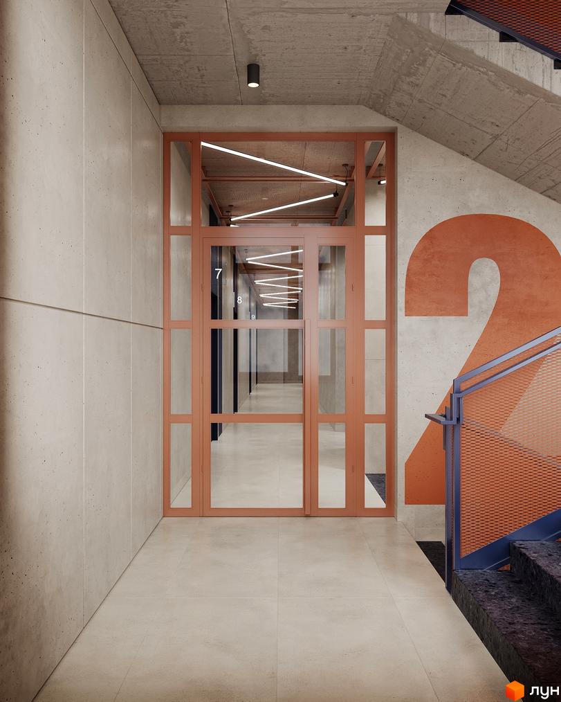 AUROOM DISTRICT: сучасний вхід у житловий комплекс з великими скляними дверима та бетонними стінами. Поруч розташовані сходи з оранжевим поруччям.