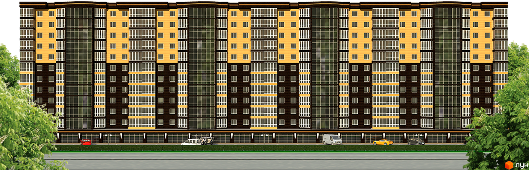 Зовнішній вигляд багатоповерхового житлового комплексу Набережний квартал з жовто-коричневими фасадами та скляними елементами. Перед будинком розташована прибудинкова територія з деревами та автомобілями.