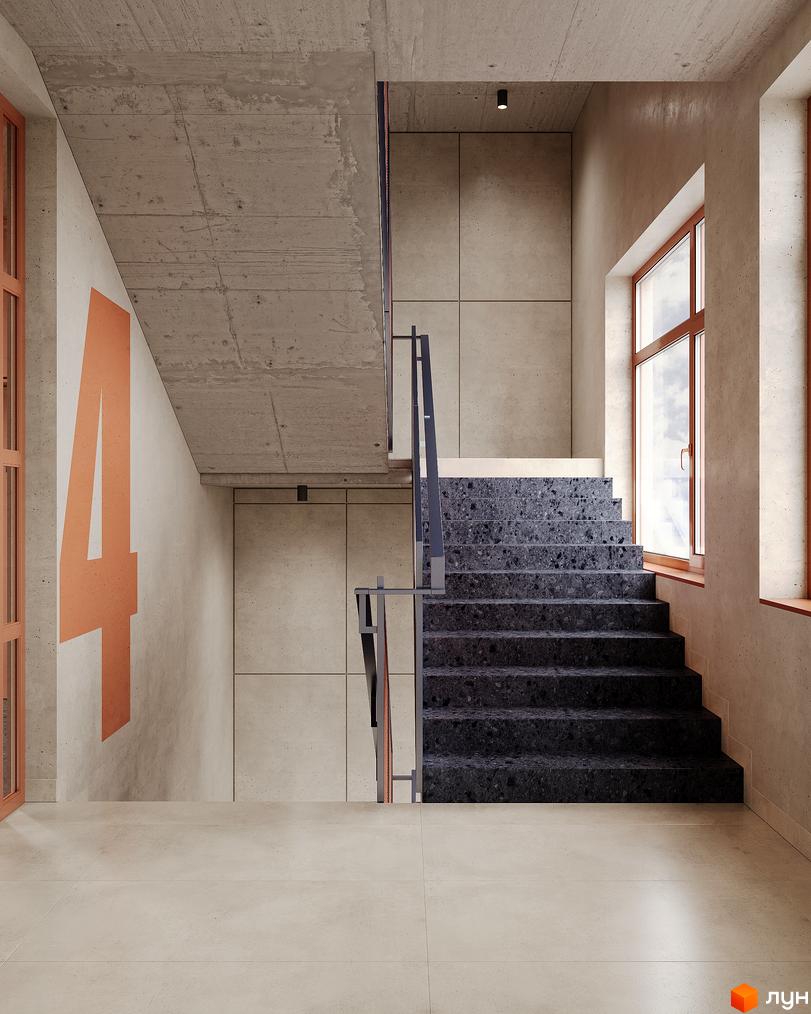Сучасний дизайн сходової клітини в новобудові AUROOM DISTRICT з великою літерою 