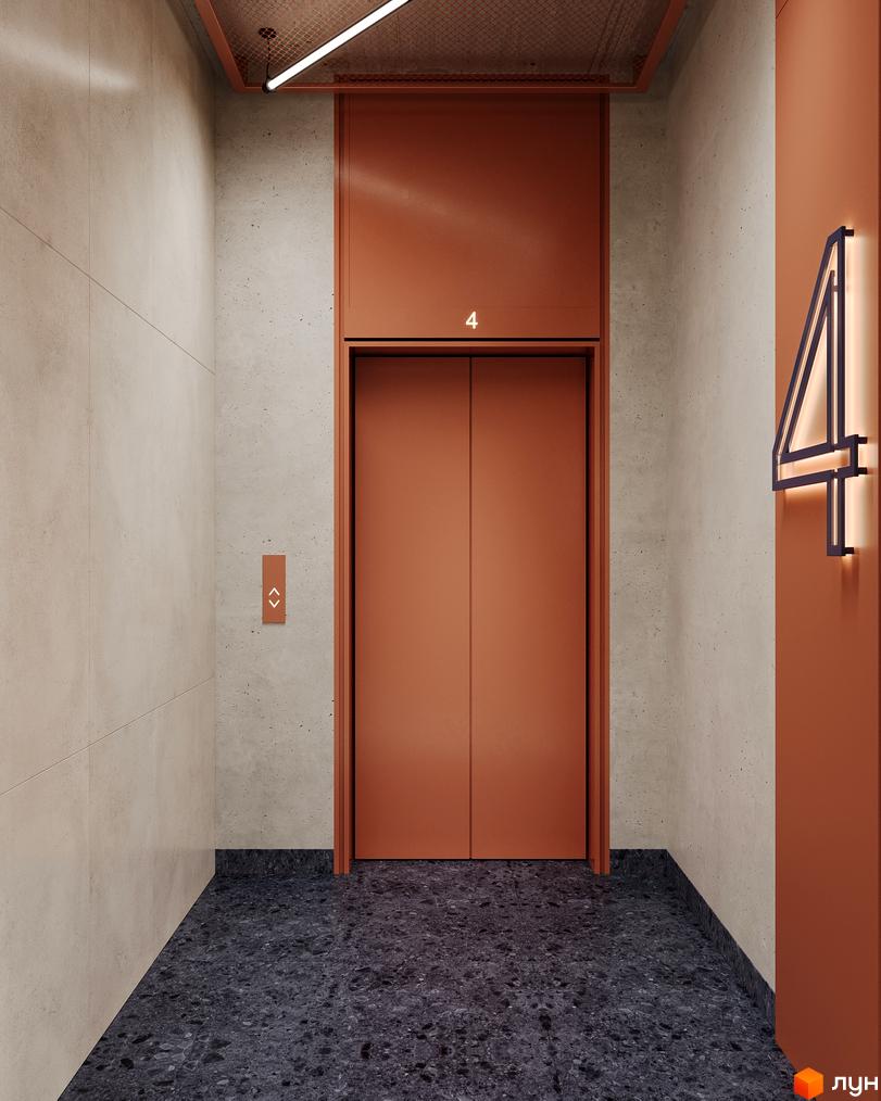Сучасний дизайн холу новобудови AUROOM DISTRICT з оранжевими дверима ліфта та бетонними стінами. Зовнішній вигляд будинку вражає мінімалістичним стилем.