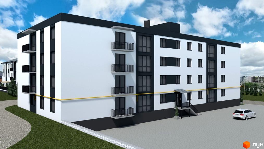 Житловий комплекс Petrykiv Hills - це сучасна чотириповерхова новобудова з балконами та великими вікнами, розташована на доглянутій прибудинковій території з газоном та парковкою.