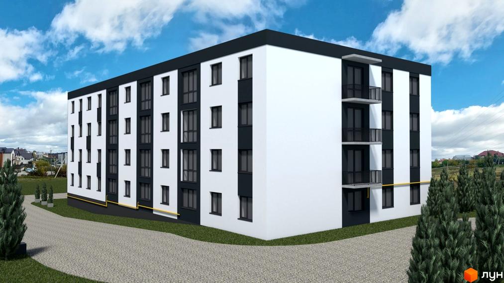 Новобудова Petrykiv Hills з біло-темними фасадами та балконами, оточена зеленню та доріжками.