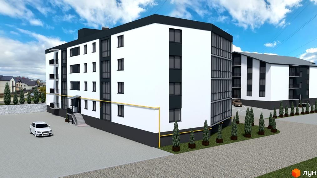 Новобудова ЖК Petrykiv Hills з біло-чорними фасадами та панорамними вікнами. Прибудинкова територія з бруківкою, зеленими насадженнями та автомобілями.