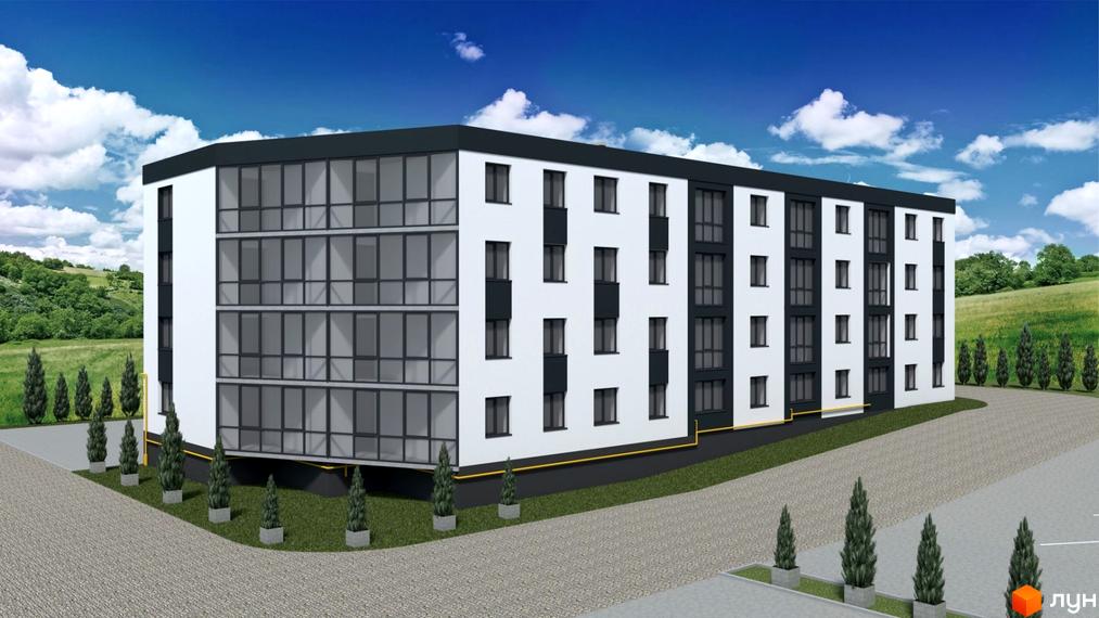 Новобудова Petrykiv Hills з великими вікнами та біло-чорним фасадом, оточена зеленими насадженнями та доглянутою прибудинковою територією.