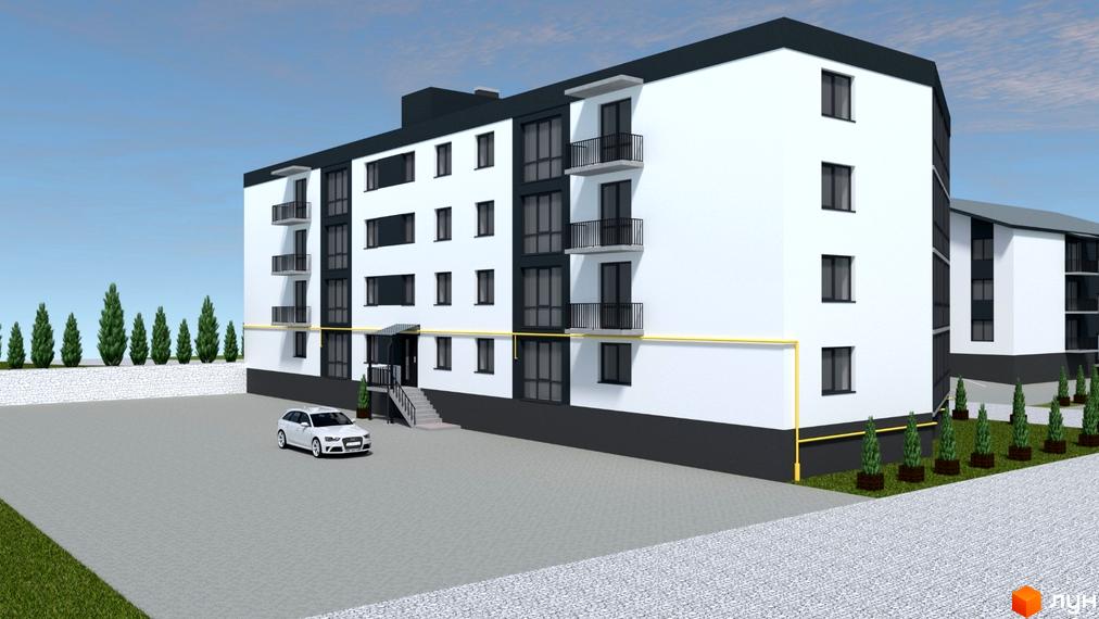 Зовнішній вигляд новобудови ЖК Petrykiv Hills з білими фасадами, чорними вікнами та балконами. На прибудинковій території розташовані зелені насадження та парковка з автомобілем.