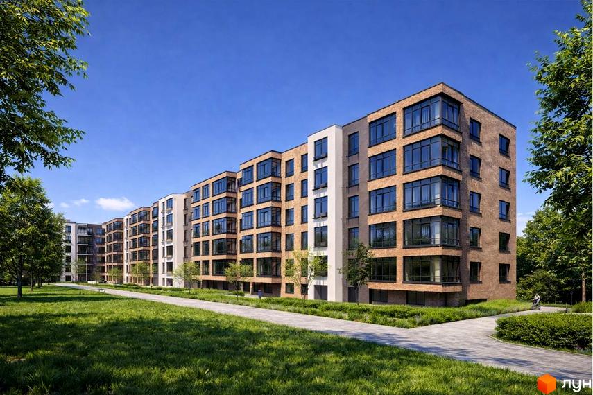 Житловий комплекс Комфортне містечко Residence - цегляні будинки з великими вікнами, зелена прибудинкова територія з алеєю.