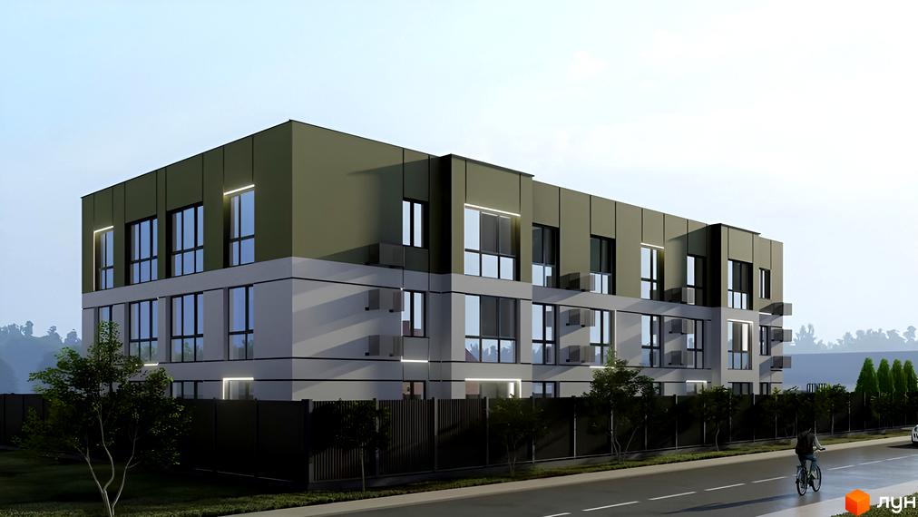 Новобудова ЖК Сонячний з сірими та зеленими фасадами, великими вікнами та огородженою територією з деревами. Поруч дорога з пішоходом на велосипеді.