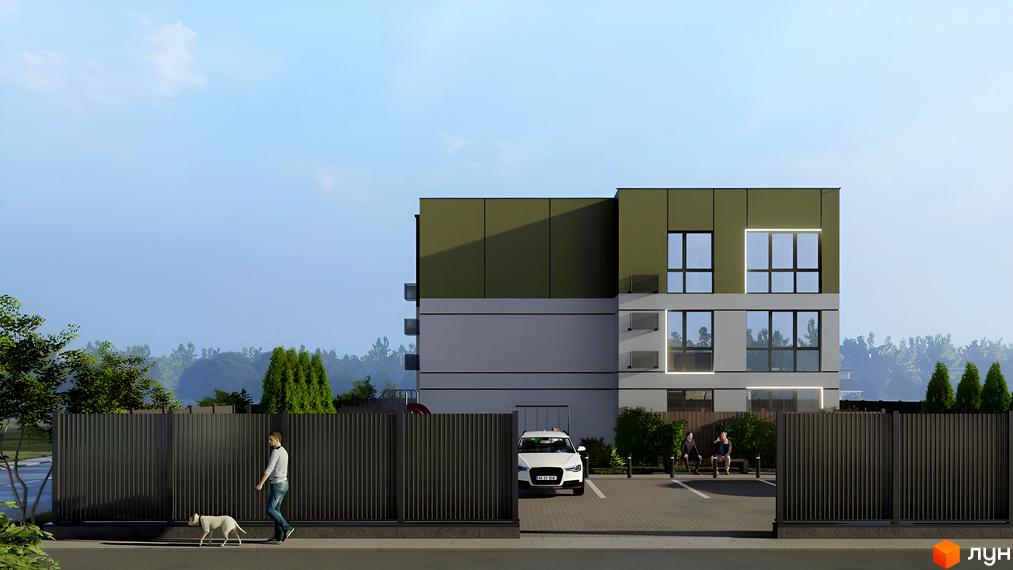 Зовнішній вигляд новобудови ЖК Сонячний з парковкою та огороженою територією. Зовнішній вигляд будинку з сірими та зеленими фасадами, великими вікнами.