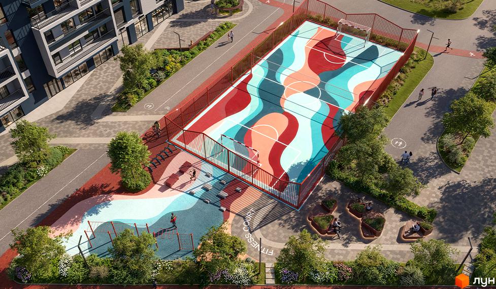 Житловий комплекс Comfort Park 2 з яскравим спортивним майданчиком та зонами відпочинку. Сучасна архітектура будівель та доглянута прибудинкова територія.