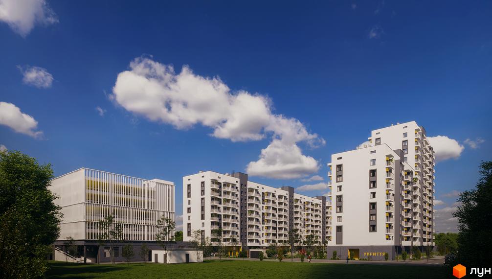 Житловий комплекс Авантаж 247 - це сучасна новобудова з балконами та зеленою прибудинковою територією. Зовнішній вигляд будинку та ландшафтний дизайн.