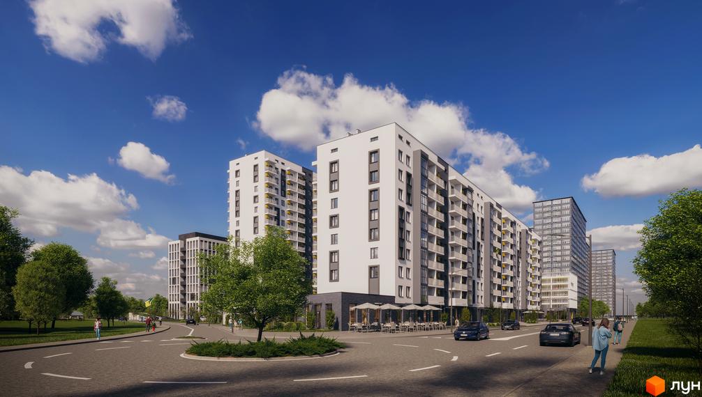 Житловий комплекс Авантаж 247: фасади будівель з балконами та вікнами, прибудинкова територія з деревами та дорогою.