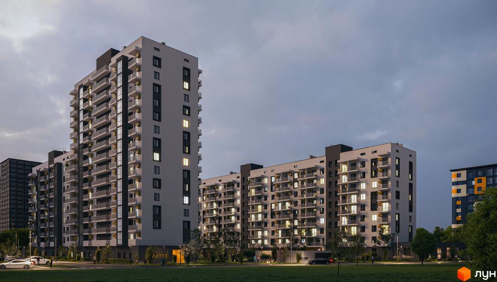 Житловий комплекс Авантаж 247 з сучасними фасадами та балконами, зелена прибудинкова територія з деревами та автомобілями.