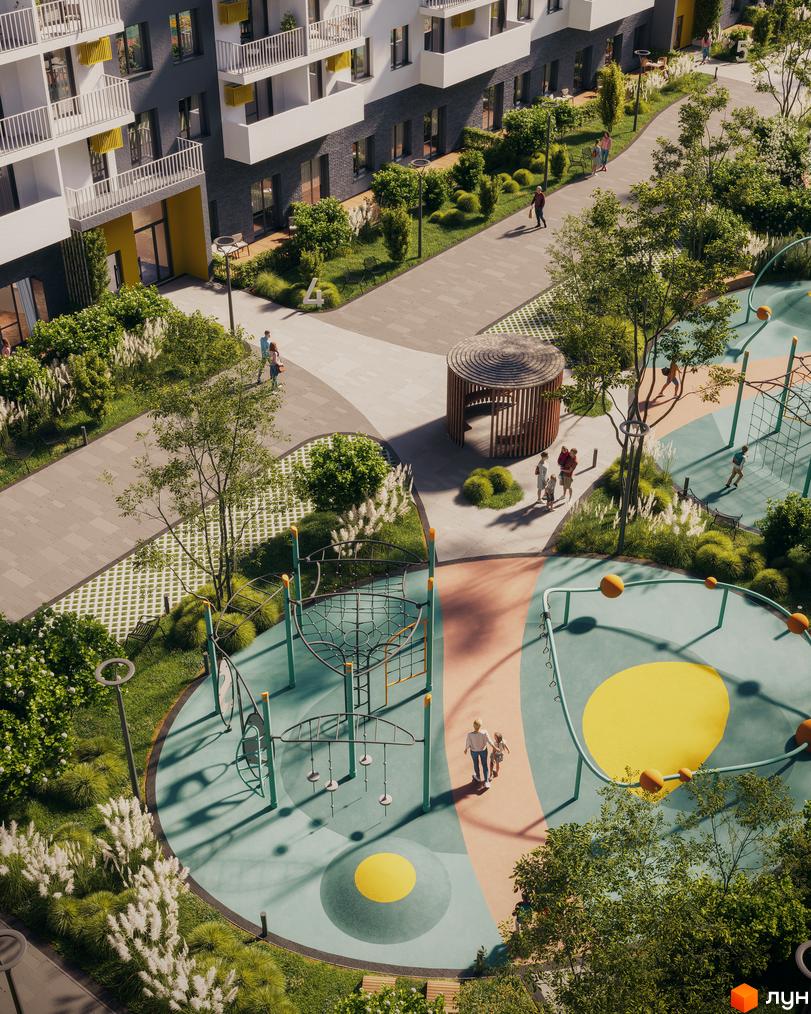 Житловий комплекс Авантаж 247 з дитячим майданчиком та зонами відпочинку. Сучасна архітектура будівель та зелена прибудинкова територія.