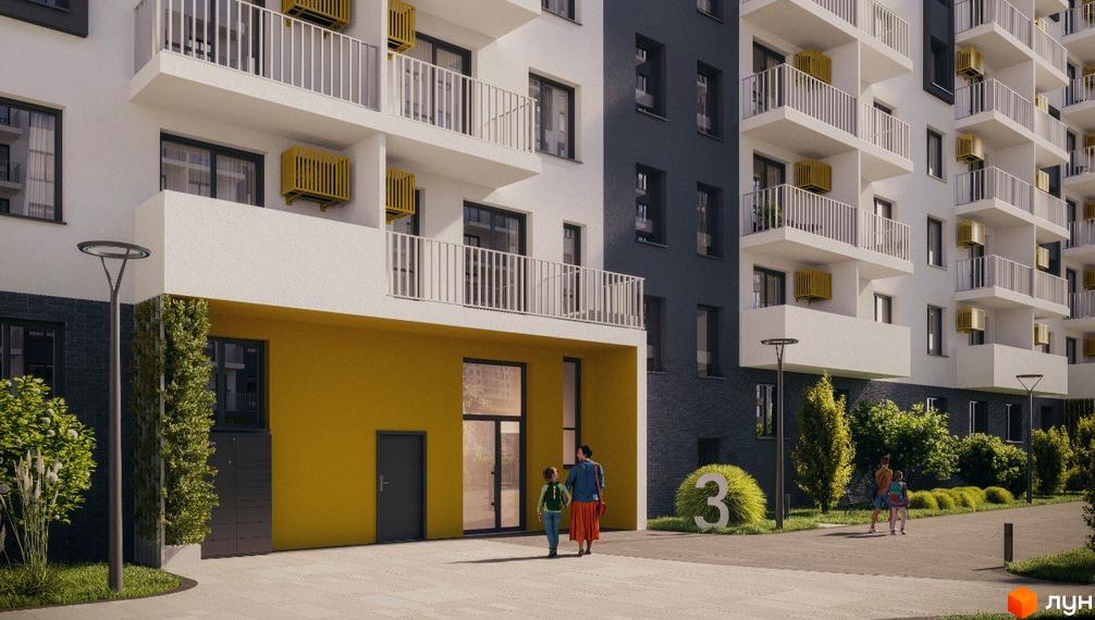 Житловий комплекс Авантаж 247. Фасад будинку з балконами та кондиціонерами, прибудинкова територія з деревами та пішохідною доріжкою.