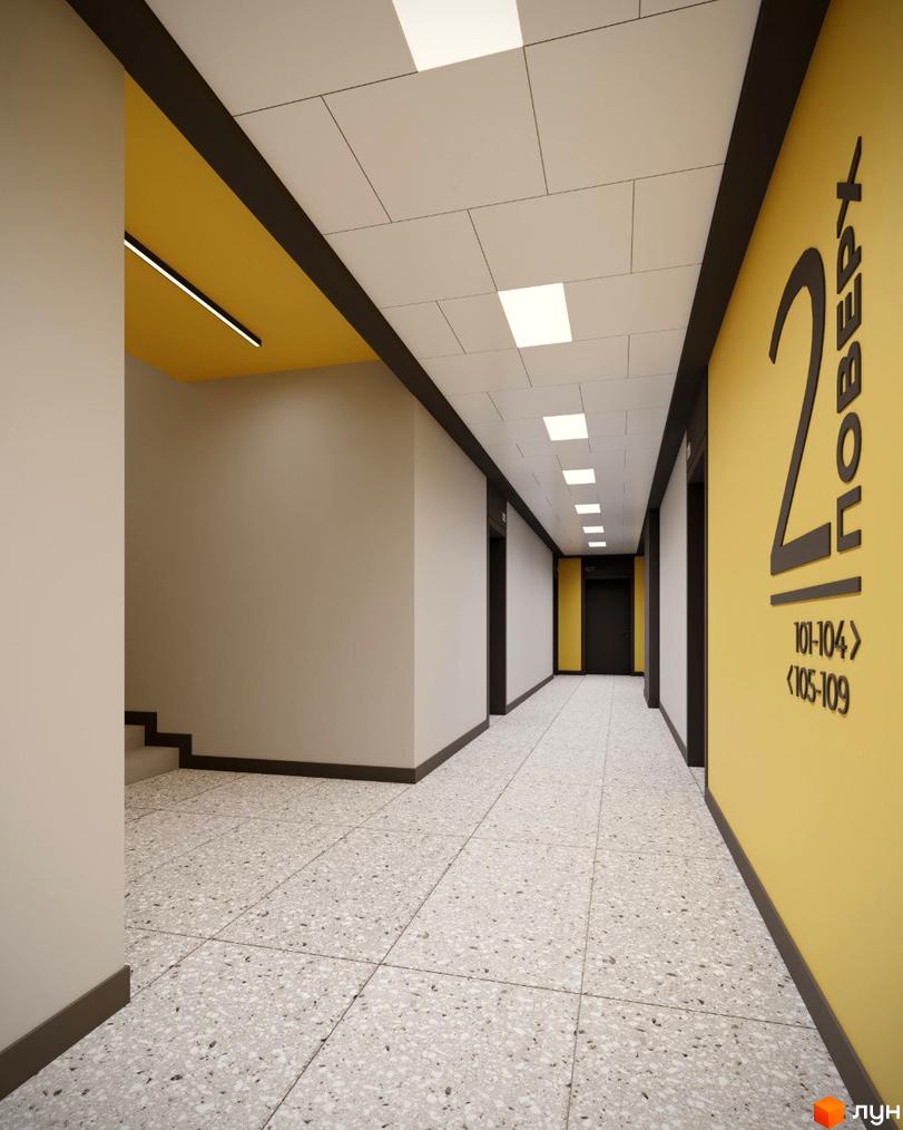 Інтер'єр холу новобудови ЖК Авантаж 247 з яскравими жовтими акцентами та сучасним освітленням. Коридор веде до дверей квартир.