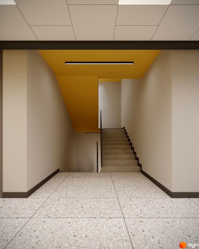 Вхідна група в новобудові ЖК Авантаж 247 з яскравим жовтим акцентом та сходами. Тераццо на підлозі та мінімалістичне освітлення створюють сучасний вигляд.