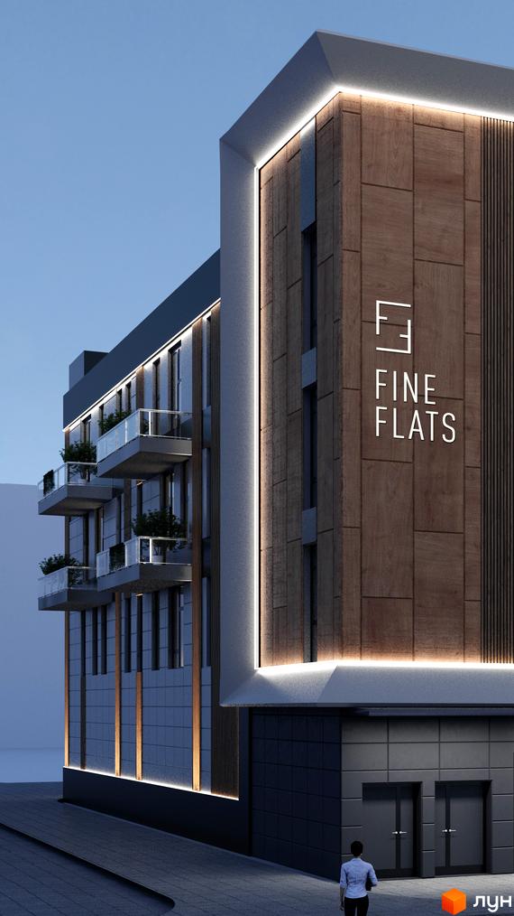 Житловий комплекс Fine Flats Sofia з дерев'яними панелями, підсвічуванням та балконами зі скляними огорожами. Навколо будівлі облаштована пішохідна зона.