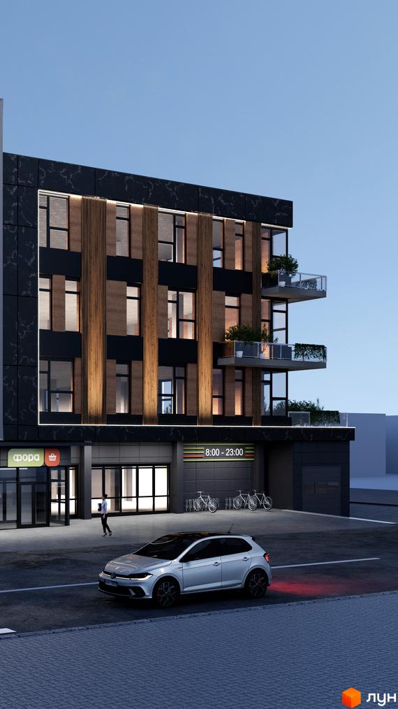 Житловий комплекс Fine Flats Sofia з фасадом з мармурових плит та дерев'яних панелей, балконами та комерційними приміщеннями на першому поверсі. Прибудинкова територія з велосипедами та автомобілем.