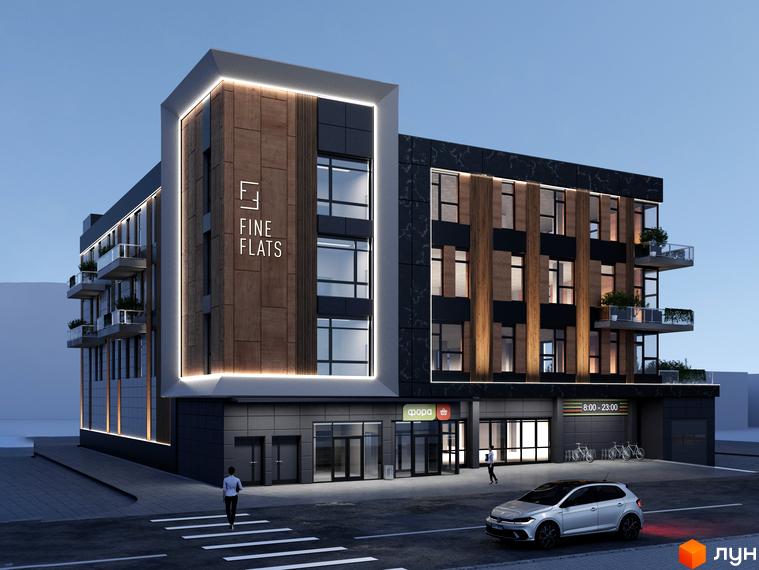 Житловий комплекс Fine Flats Sofia з фасадом з дерева та каменю, балконами та комерційними приміщеннями на першому поверсі. Поруч дорога з пішохідним переходом та автомобілем.