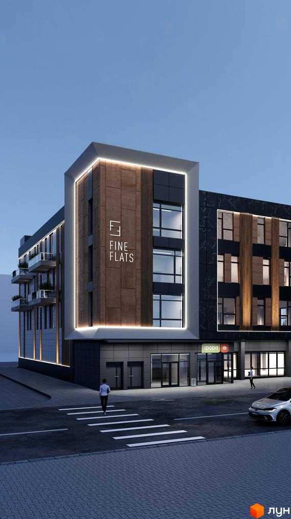 Новобудова Fine Flats Sofia з дерев'яними та мармуровими елементами фасаду, балконами та підсвіткою. Поруч дорога з пішохідним переходом та автомобілем.