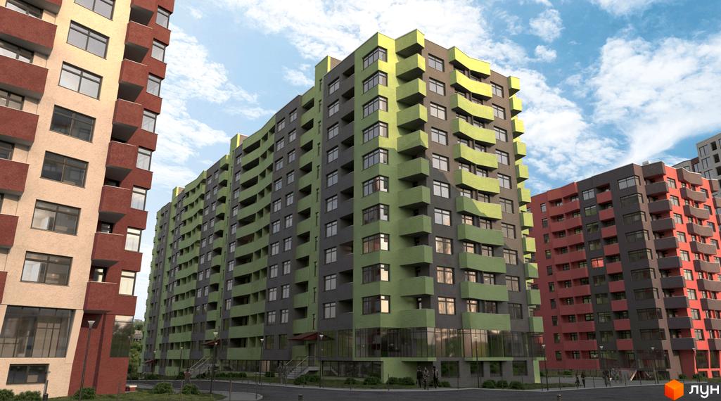 Багатоповерхові житлові будинки зеленого, темно-сірого, бежевого та червоного кольорів з балконами. Прибудинкова територія з доріжками та зеленими насадженнями.