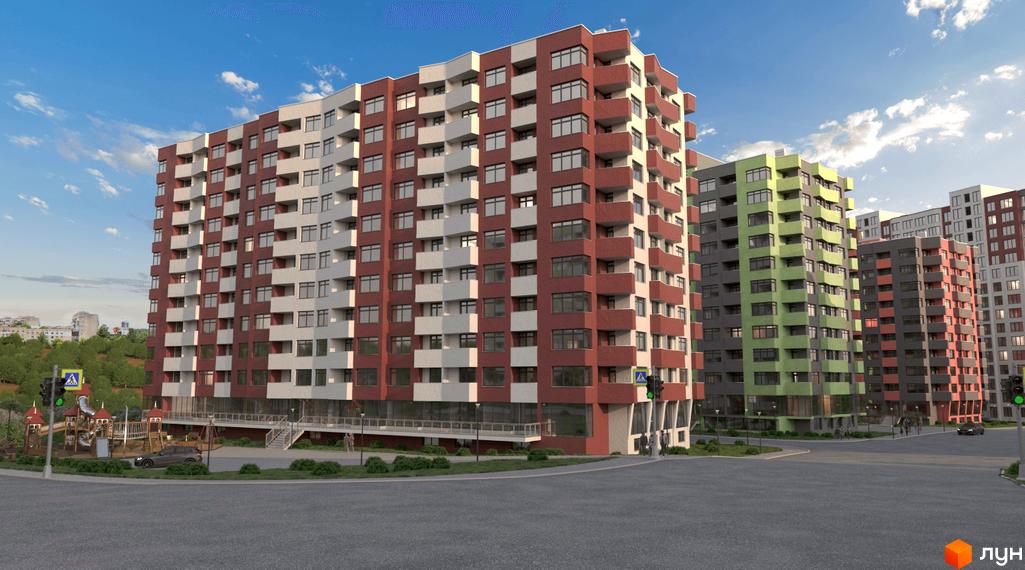 Житловий комплекс вул. Олександра Смакули, 7, 7а з червоно-білим фасадом та балконами. На передньому плані дорога, дитячий майданчик та зелені зони.