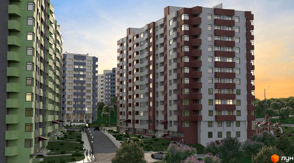 Житлові будинки зеленого, сірого та червоно-коричневого кольорів. Прибудинкова територія з доріжками, деревами та дитячим майданчиком.