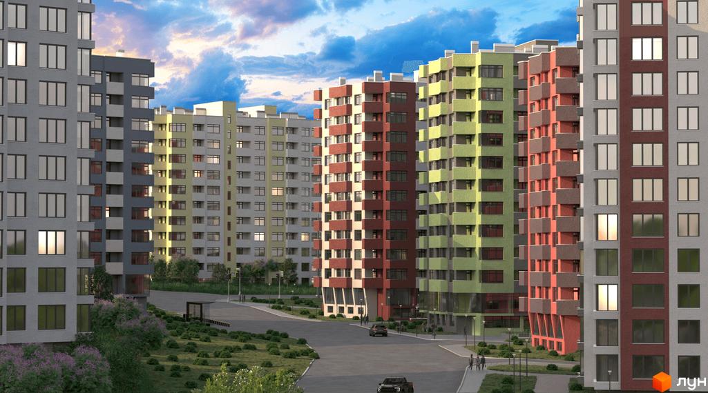 Багатоповерхові житлові будинки з різнокольоровими фасадами, вікнами та балконами. Прибудинкова територія з дорогою, автомобілями та зеленими насадженнями.