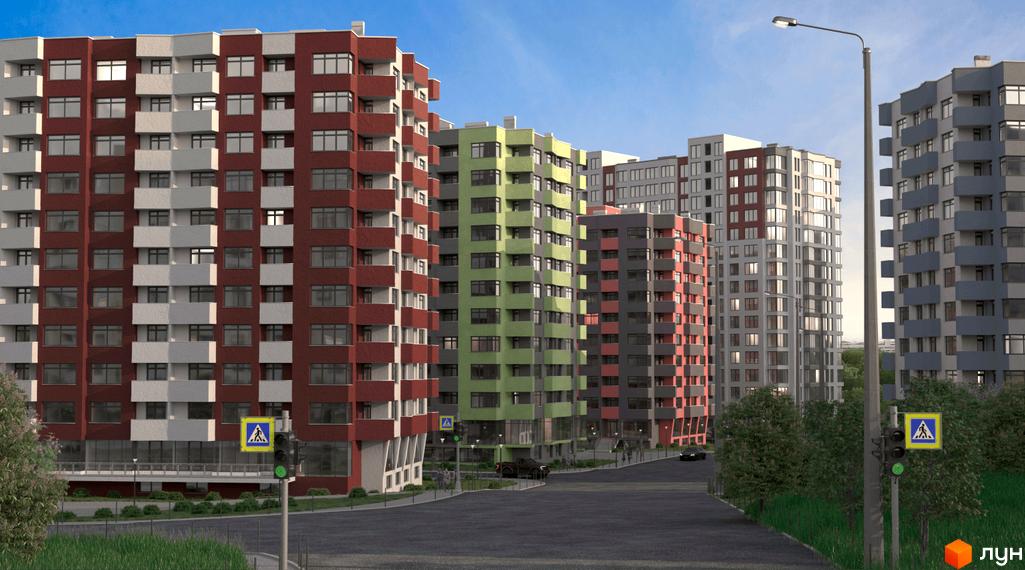 Багатоповерхові житлові будинки різних кольорів з балконами на вулиці Смакули. Поруч дорога, пішохідний перехід та зелені насадження.