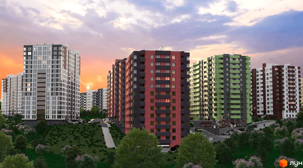 Новобудова на вул. Олександра Смакули, 7, 7а, з різнокольоровими фасадами та балконами, оточена зеленим ландшафтом та деревами.