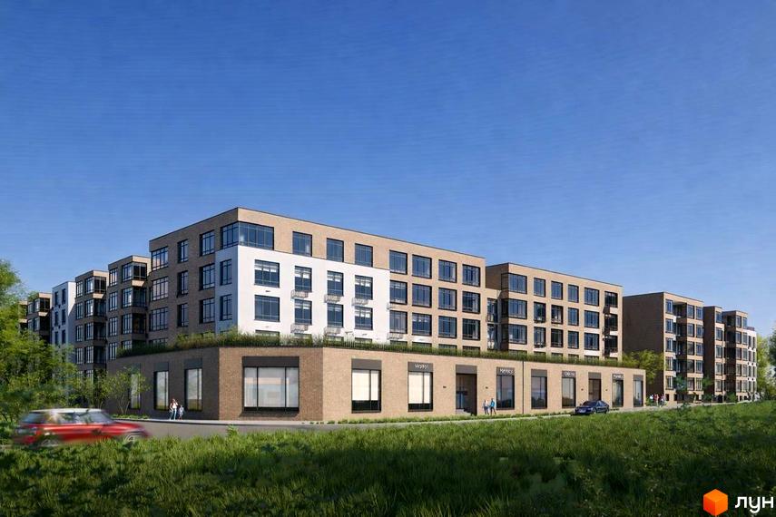 Житловий комплекс Комфортне містечко Residence з фасадами з цегли та білими вставками. На першому поверсі комерційні приміщення, навколо зелені насадження.