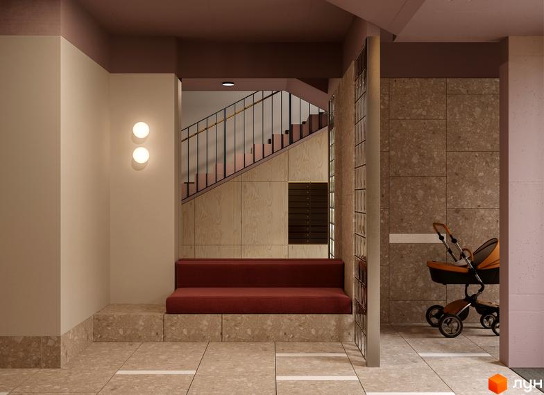 Вхідна група Житлового комплексу SOFIhome з тераццо підлогою, дерев'яними панелями та сходами. Облаштована зона відпочинку з лавкою.