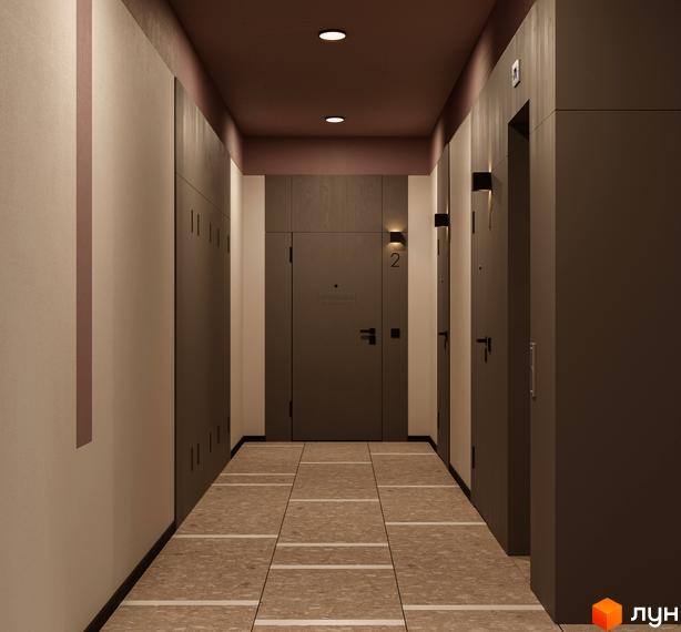 Коридор Житлового комплексу SOFIhome з плитковою підлогою та дверима до квартир. Простір загального користування з точковим освітленням.