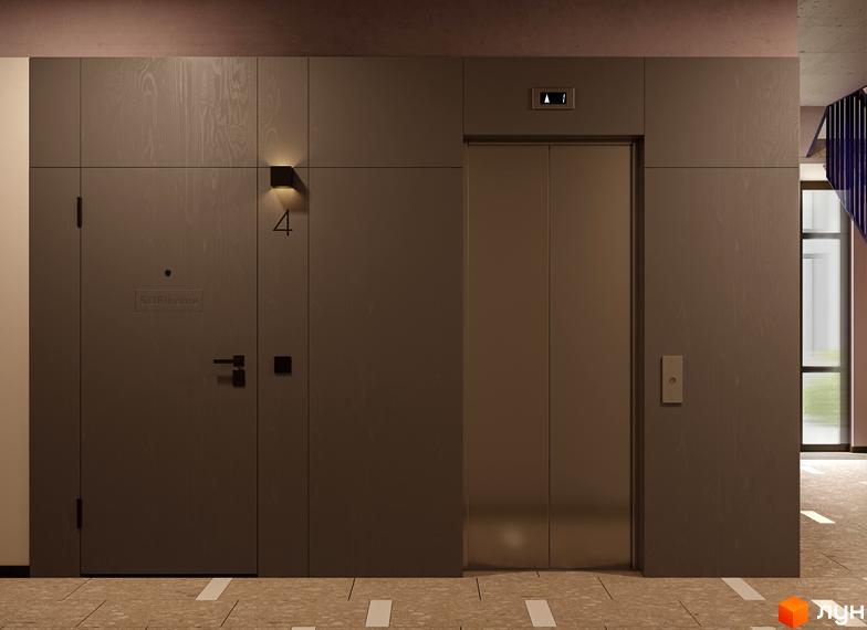 Коридор Житлового комплексу SOFIhome з ліфтом та входом до квартири. Оздоблення стін дерев'яними панелями та плитка на підлозі.
