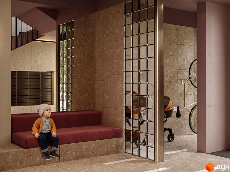 Житловий комплекс SOFIhome: інтер'єр холу з червоною лавою, поштовими скриньками, дзеркальними панелями та сходами.