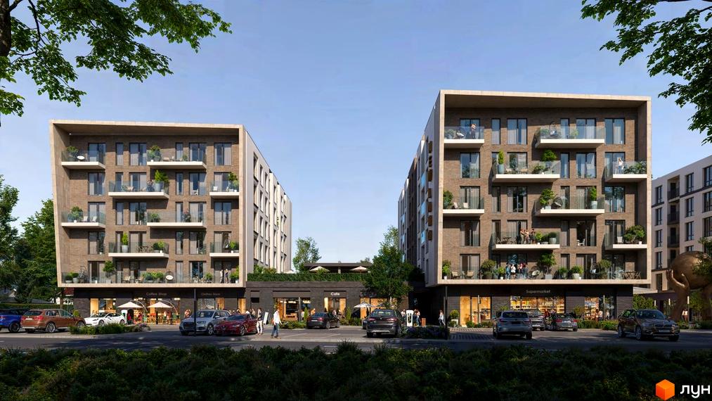 Новобудова New Land з цегляним фасадом та балконами, що виходять на зелену прибудинкову територію з парковкою та магазинами.