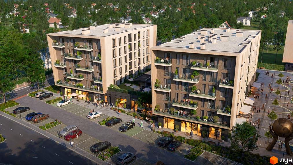 Житловий комплекс New Land: два багатоповерхові будинки з балконами та комерційними приміщеннями. Прибудинкова територія з паркінгом, пішохідною зоною та зеленими насадженнями.