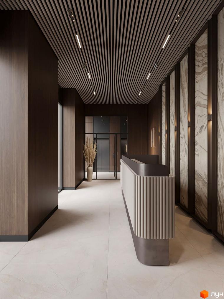 Апарт-комплекс Н1: сучасний дизайн інтер'єру лобі з дерев'яними панелями, мармуровою стіною та стійкою ресепшн. Простір для зустрічей та очікування.