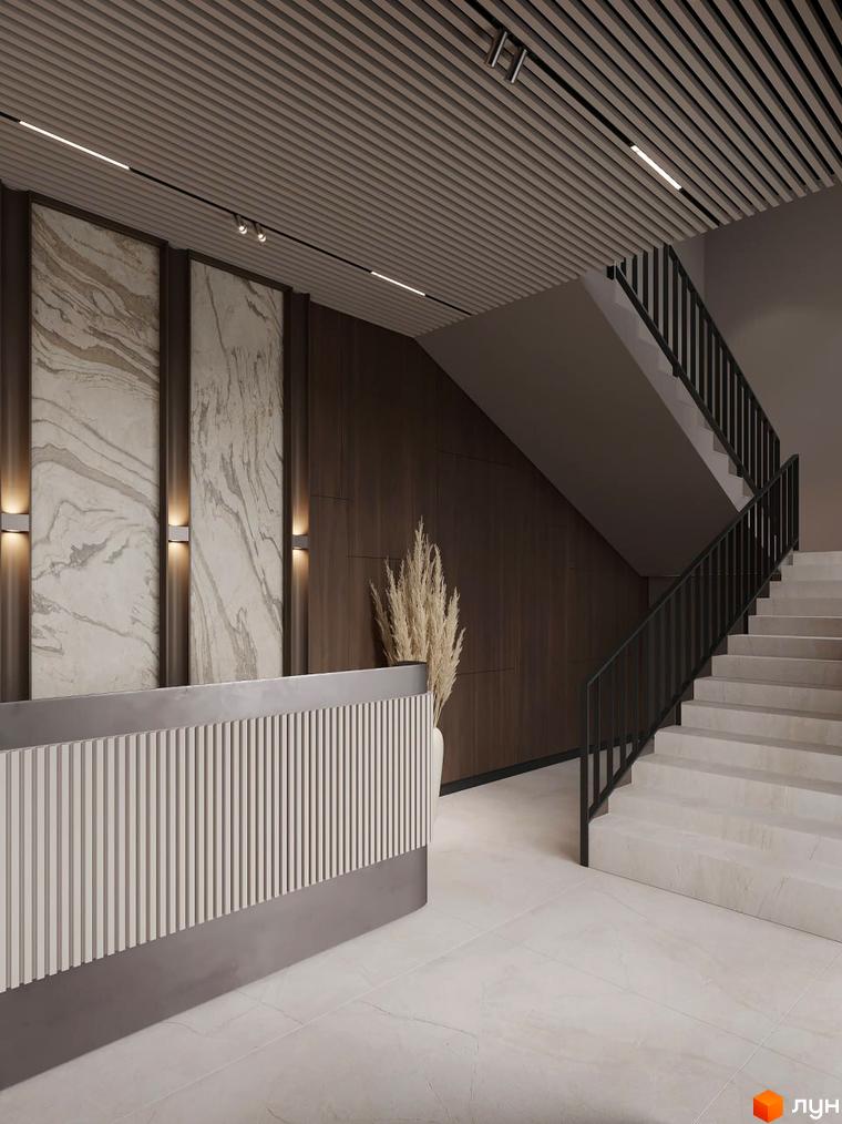 Апарт-комплекс Н1: сучасний хол з ресепшн та сходами. Ознайомтеся з інтер'єром новобудови.