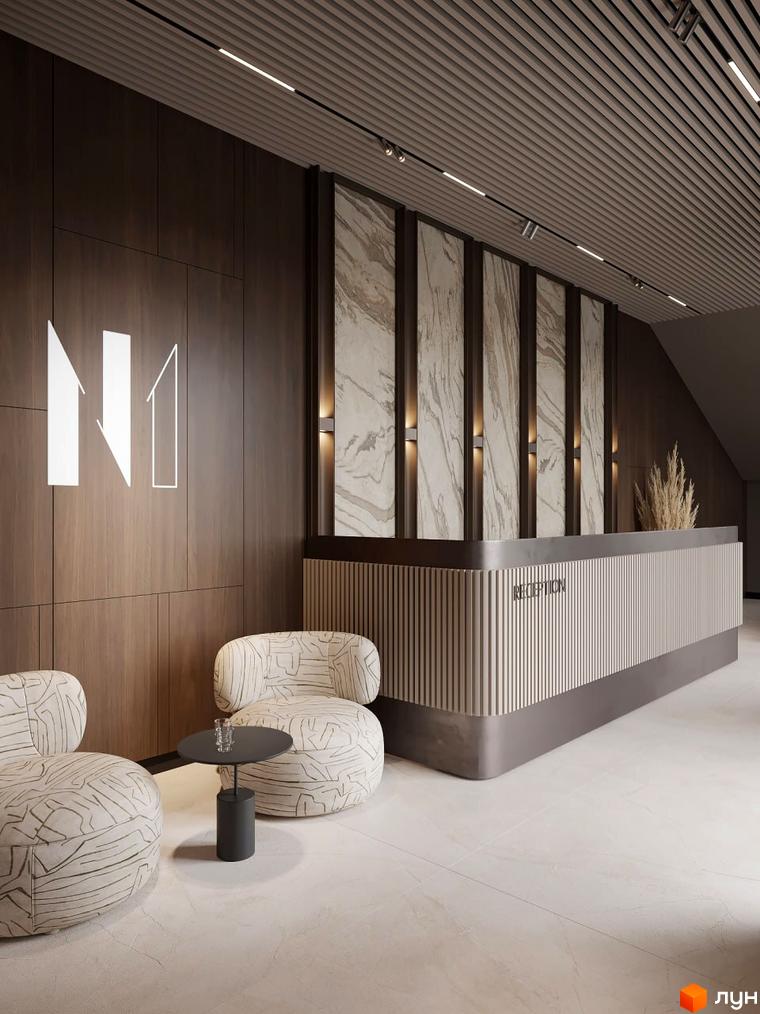 Інтер'єр апарт-комплексу N1: рецепція з мармуровими вставками, дерев'яними панелями та зручними кріслами. Сучасний дизайн для комфортного проживання.