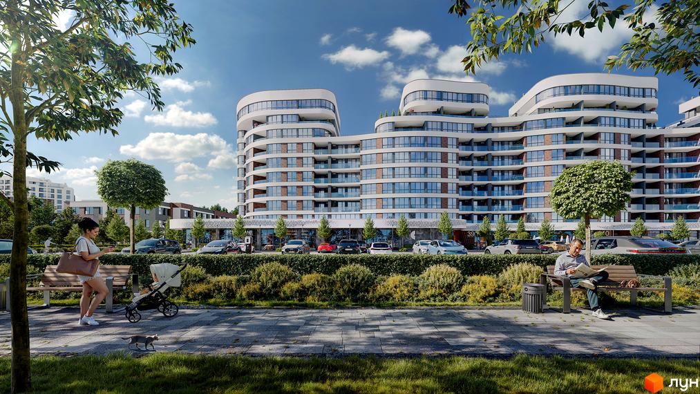 Житловий комплекс Синергія Сіті з вигнутими фасадами та скляними балконами, що виходить на зелену прибудинкову територію з дитячим майданчиком та зонами відпочинку.