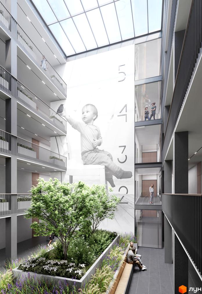 Житловий комплекс Art House: інтер'єр багатоповерхового будинку зі скляним дахом, великим муралом та внутрішнім садом з деревами та лавками.