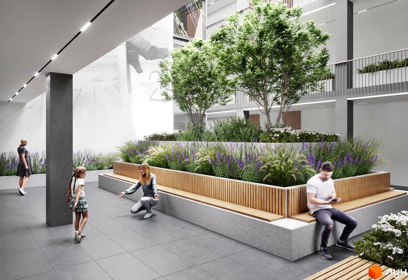 Житловий комплекс Art House: світлі багатоповерхові будинки з балконами та затишний внутрішній двір з деревами, квітами та лавками.