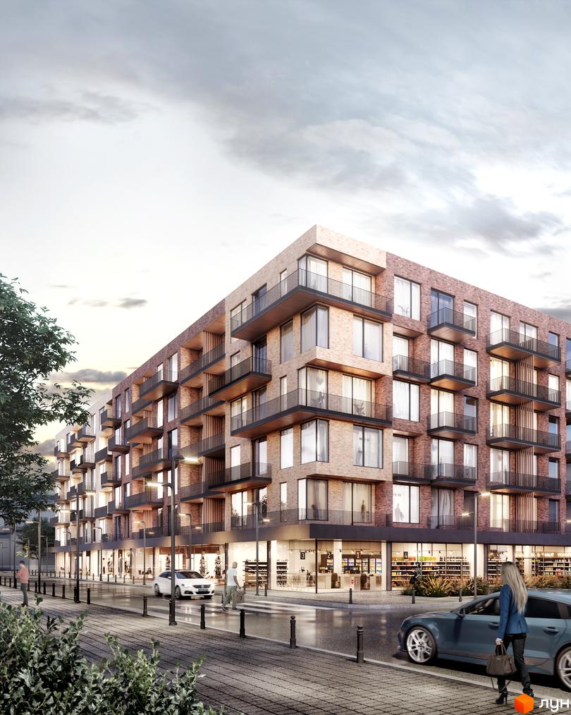Житловий комплекс Art House з цегляними фасадами, балконами та великими вікнами. Внизу магазини, поруч дорога, пішохідна зона та зелень.