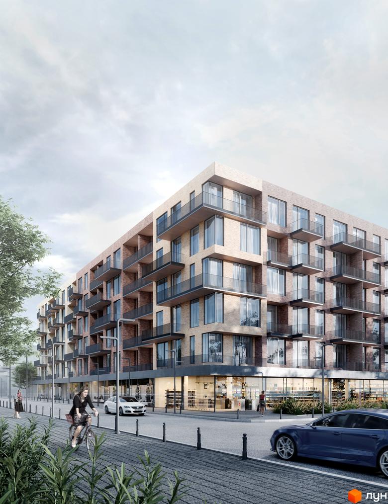 Житловий комплекс Art House з цегляним фасадом та балконами. На першому поверсі комерційні приміщення, поруч дорога та зелені насадження.