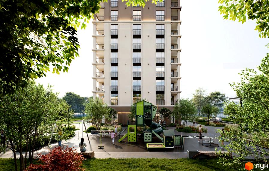 Житловий комплекс Молоді: багатоповерховий будинок зі світлим фасадом та балконами, поруч облаштований дитячий майданчик.