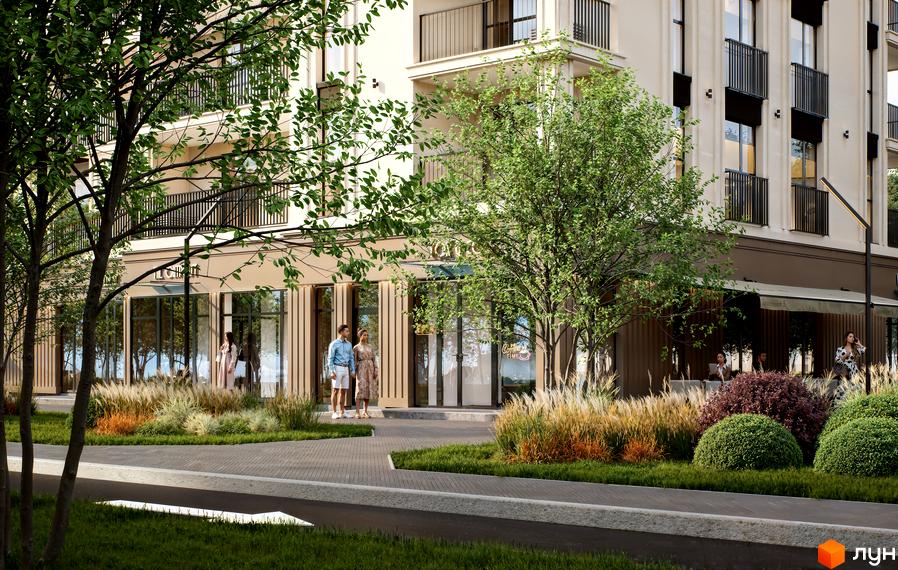 Фасад Житлового комплексу Молоді: світлий багатоповерховий будинок з балконами, комерційними приміщеннями та озелененою прибудинковою територією.